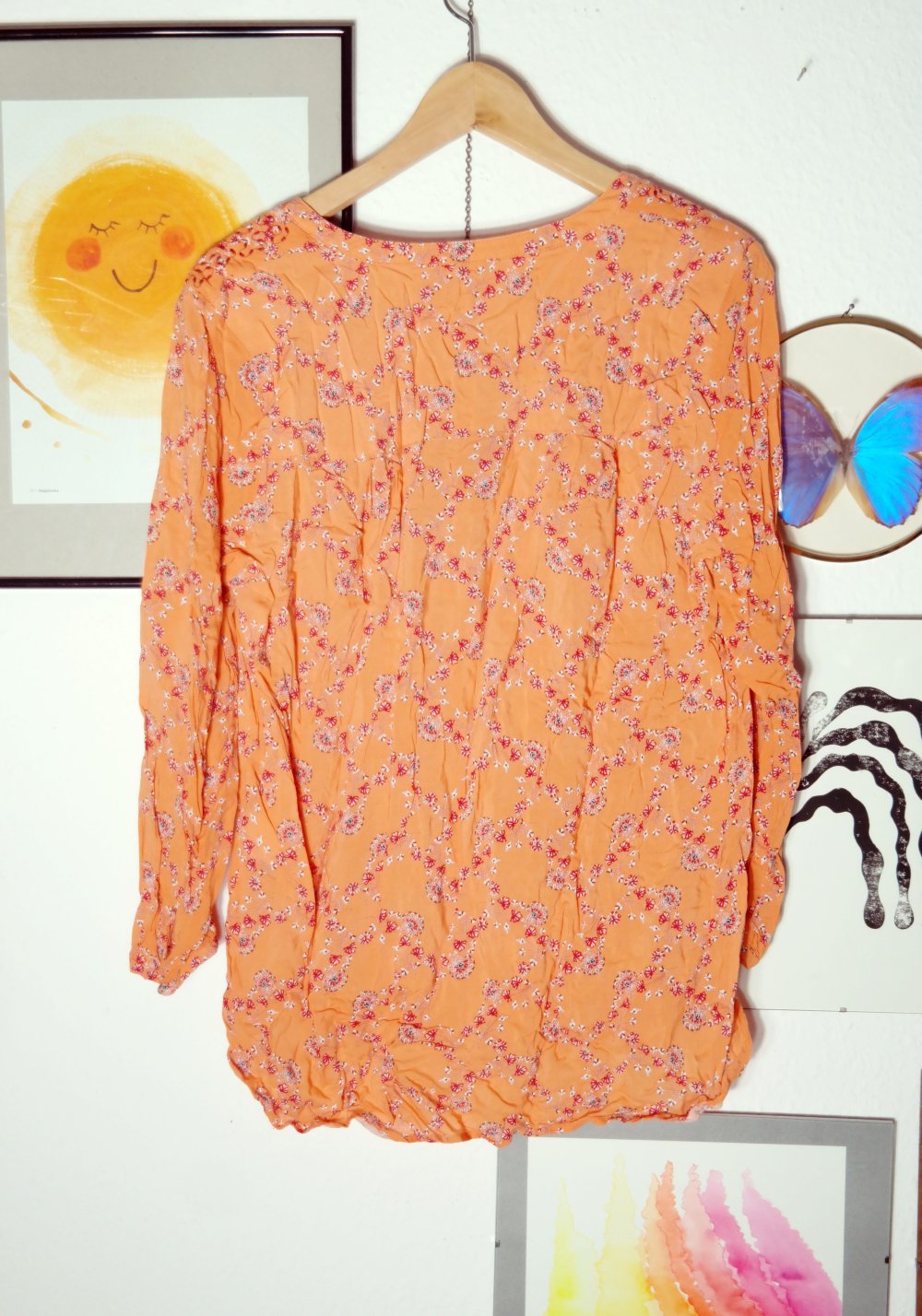 EDC Esprit Hippie Bluse Langarm bestickt Stickerei Blumen geblümt lachs Aprikose XL 42