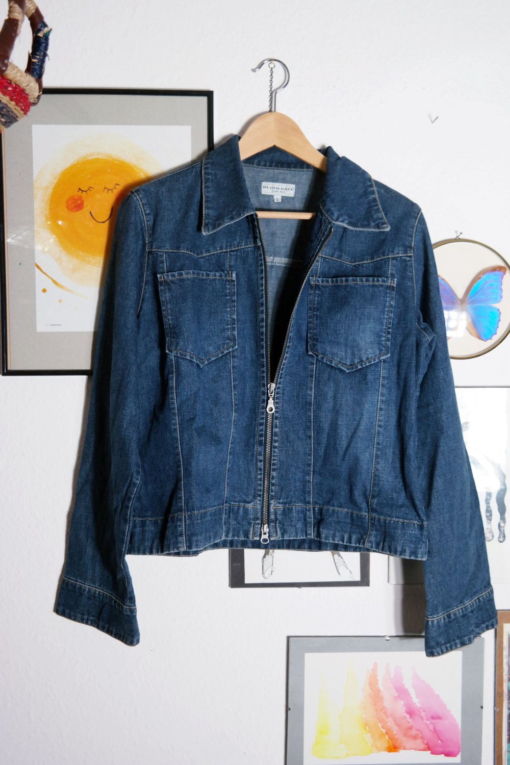 Vintage Blind Date Jeansjacke L 40 Reißverschluss dunkelblau 90er 00er Y2K