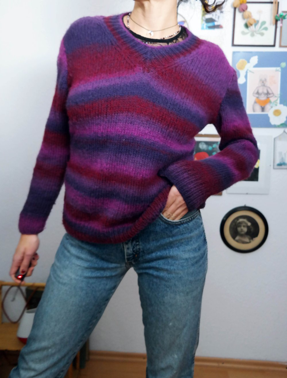 Wollpullover Mohair Wolle handgestrickt bunt lila burgund Regenbogen Streifen gestreift M 38 