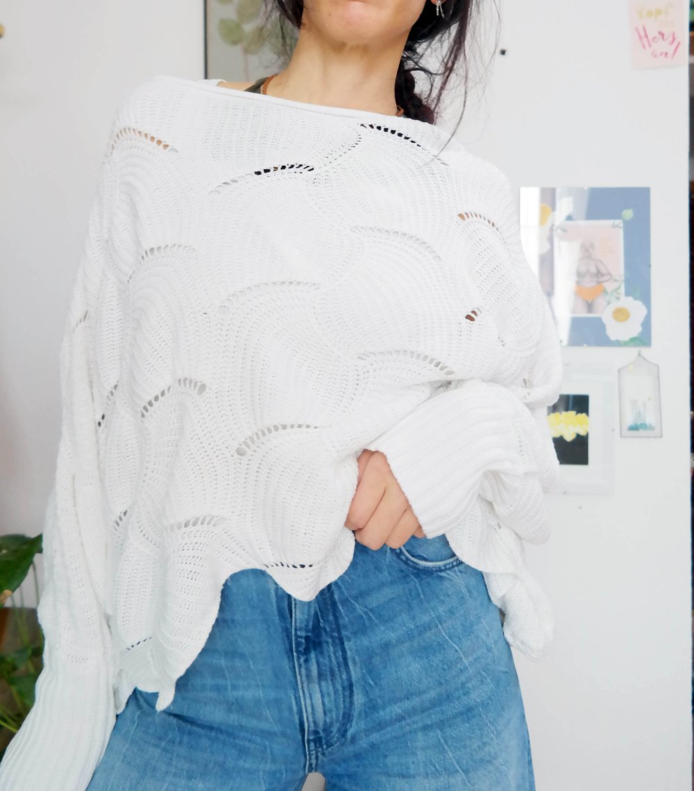 Oversized Pullover Strickpullover weiß Muster Lochmuster unisize M L XL 
