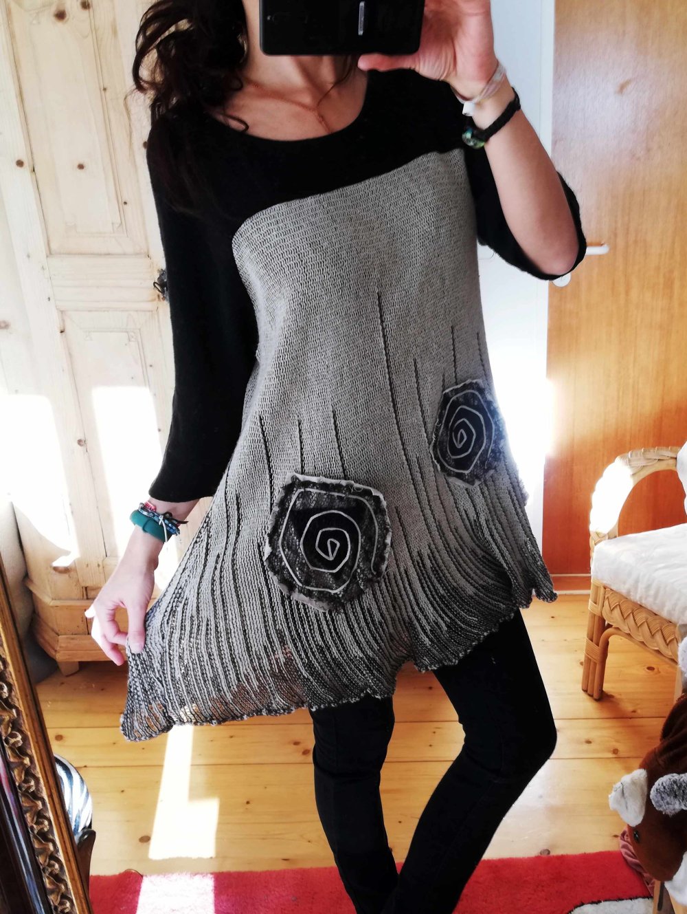 Leinenkleid Leinentunika Kleid Tunika 100% Leinen schwarz grau M 38 Lagenlook L 40