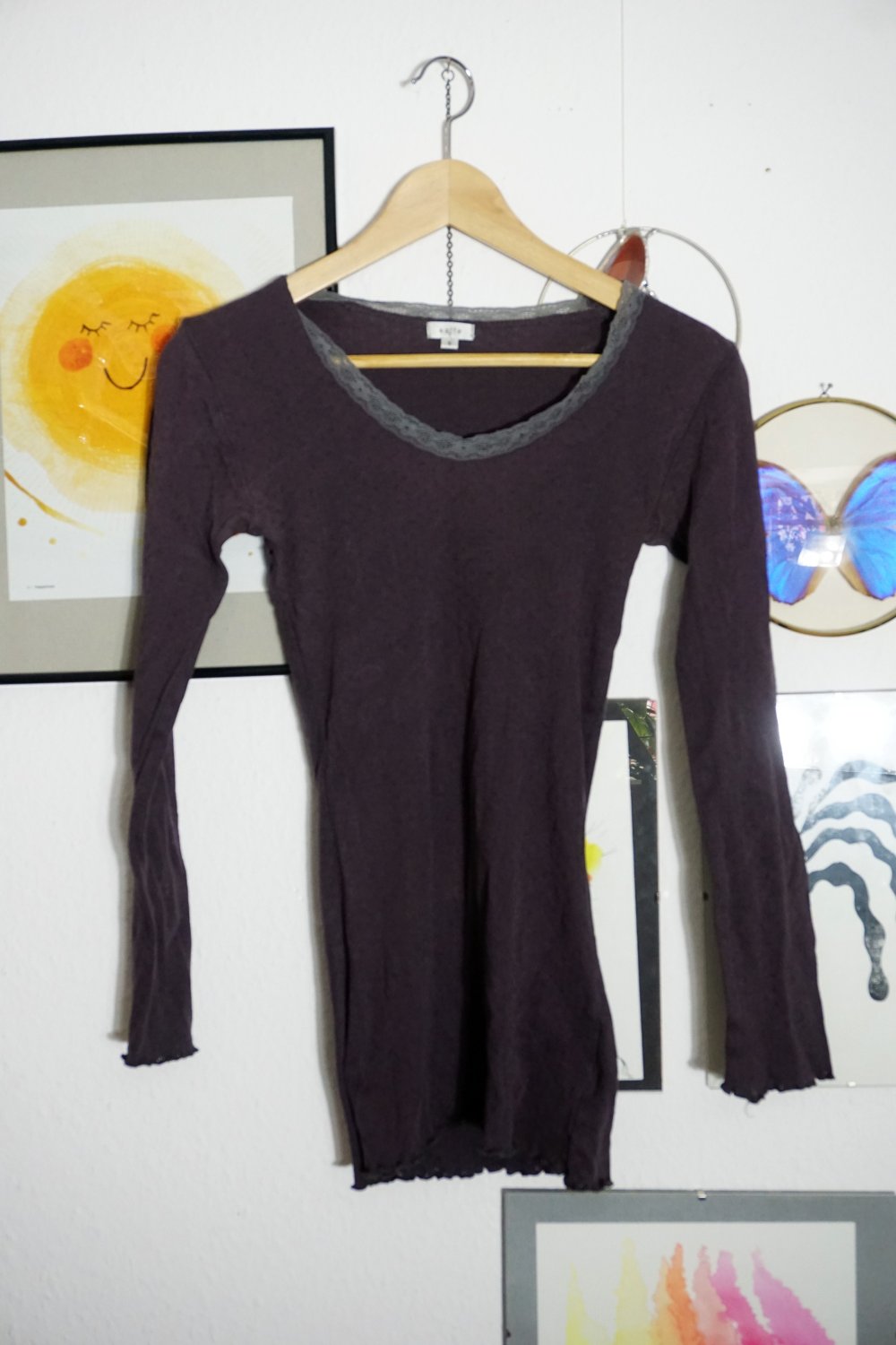 Kaffee Langarmshirt Longsleeve Spitze Ajourmuster Lochmuster S 36 XS 34 grau