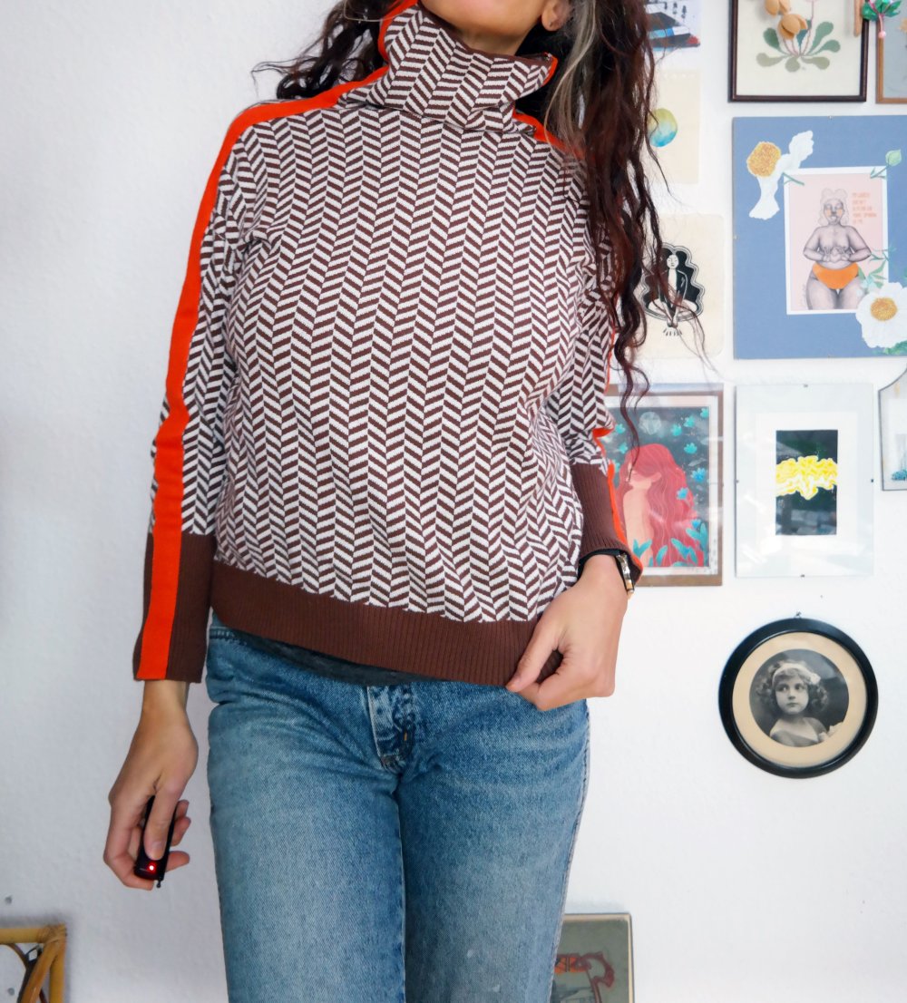 Rollkragenpullover gemustert braun orange Strickpullover Streifen Ärmel M L 38 40 ZickZack
