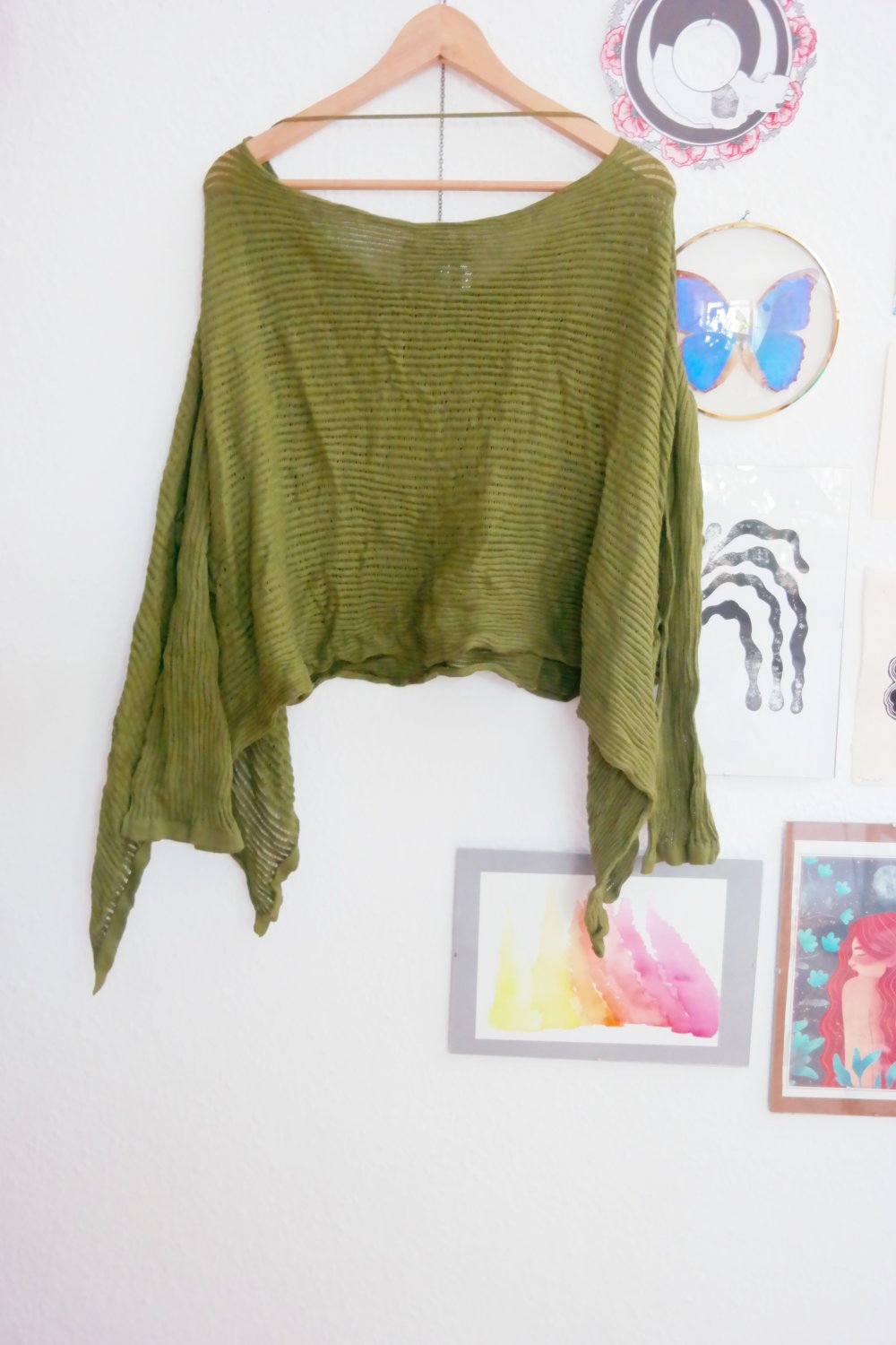 Pullover Überwurf zipfelig khaki Zipfelpullover Lagenlook Elfe Fee Wald Unisize Häkelpullover