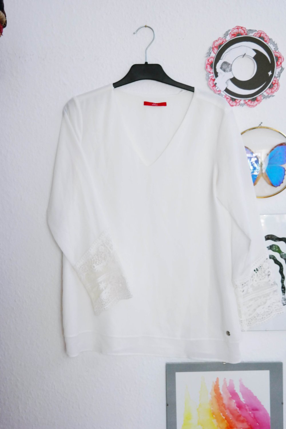 S.Oliver Bluse Langarm Spitze schick edel Büro weiß creme V-Ausschitt XS oversized S M