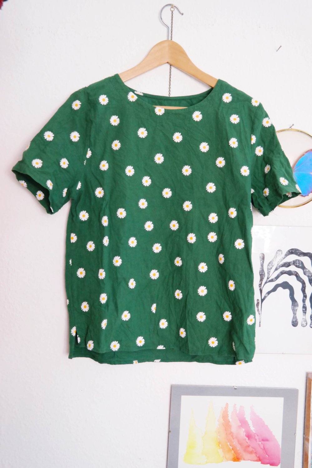 Vintage Shirt Blumen grün Margeriten Baumwolle Oktoberfest Wiesn Tracht L 40