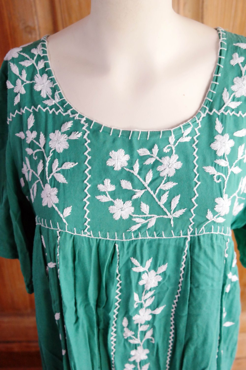 Minikleid Tunika grün Stickerei bestickt Ethno Boho Folklore XL 42