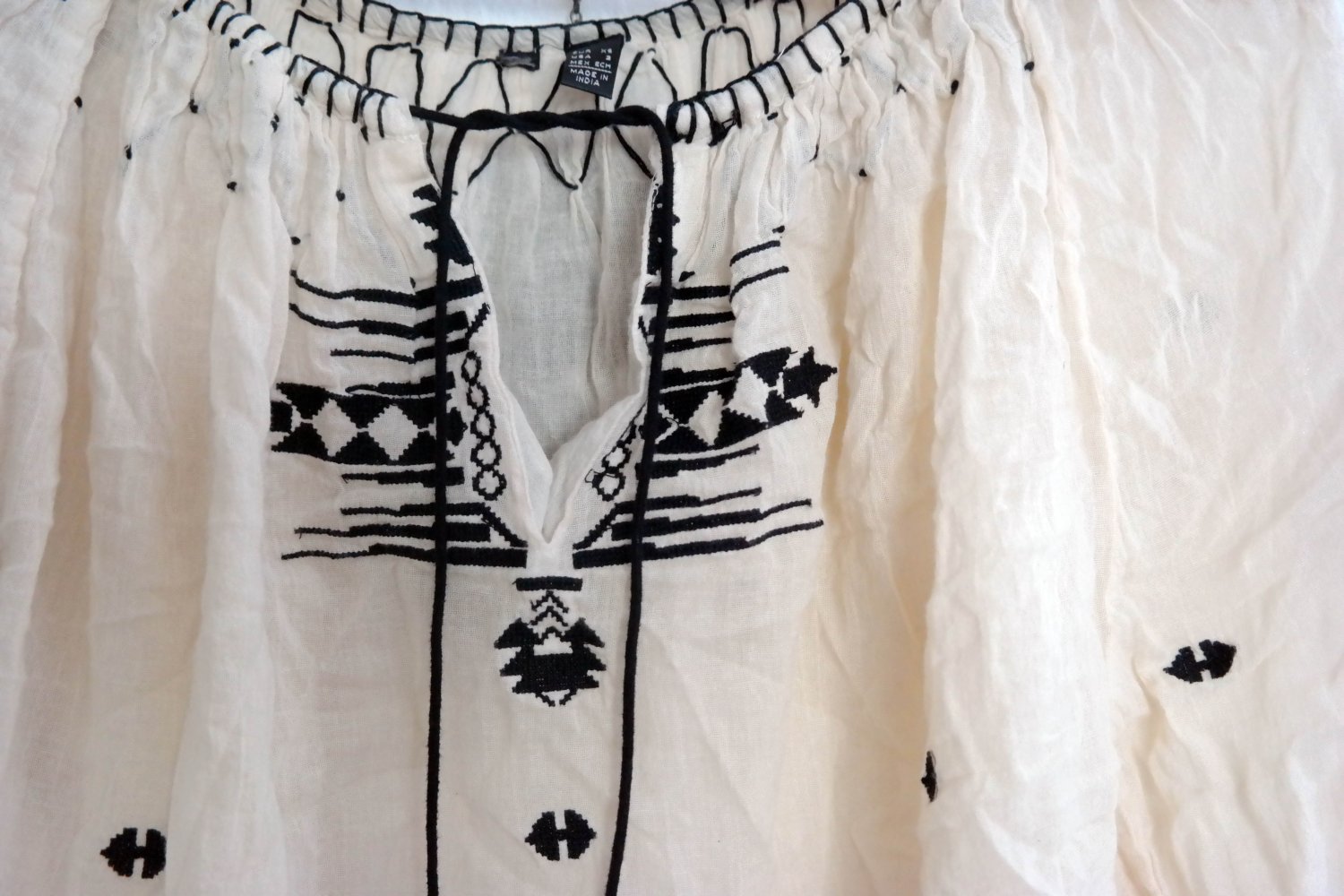 Hippie Bluse bestickt Stickerei creme schwarz Ethno Folklore Langarm XS S M 36 38 40