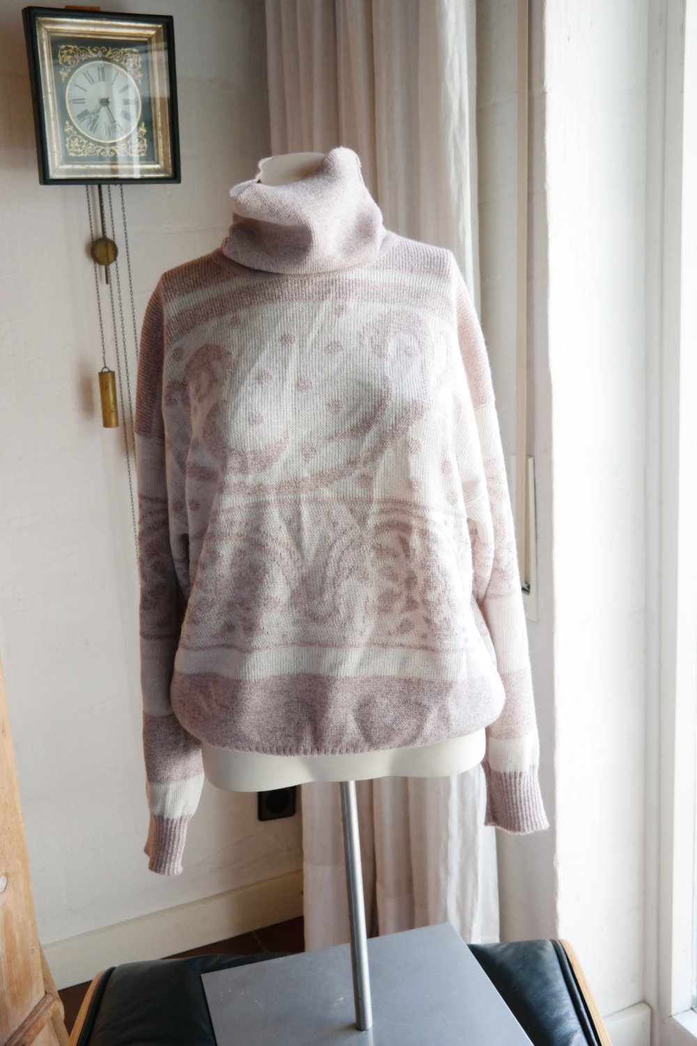 Vintage Pullover Wolle Mustzer gemustert Ethno rose bunt 40 L Rollkragenpullover