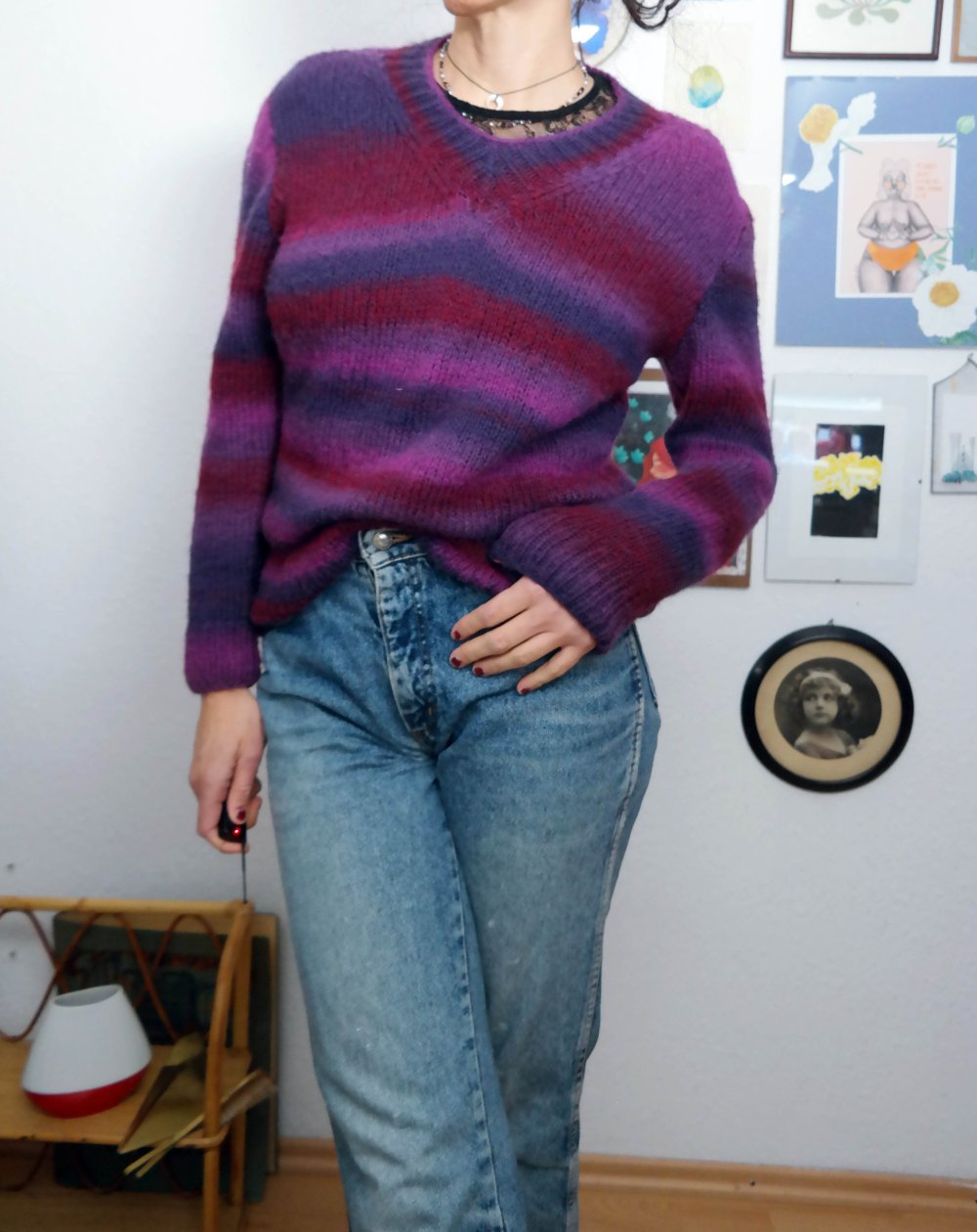 Wollpullover Mohair Wolle handgestrickt bunt lila burgund Regenbogen Streifen gestreift M 38 