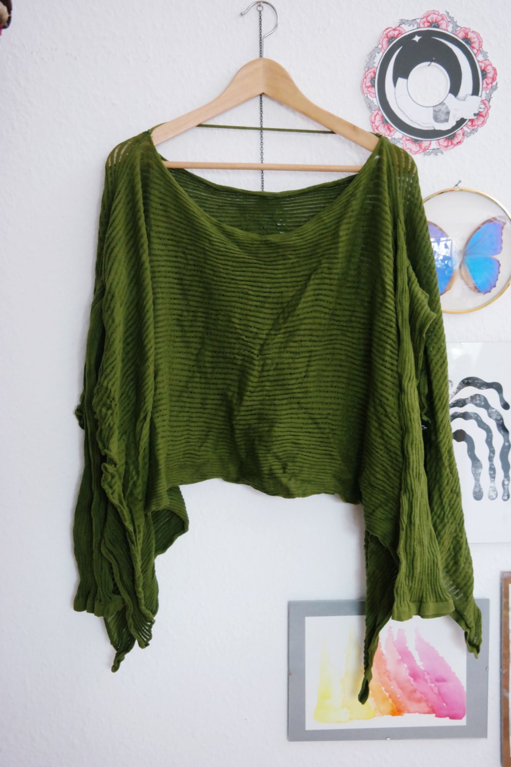 Pullover Überwurf zipfelig khaki Zipfelpullover Lagenlook Elfe Fee Wald Unisize Häkelpullover