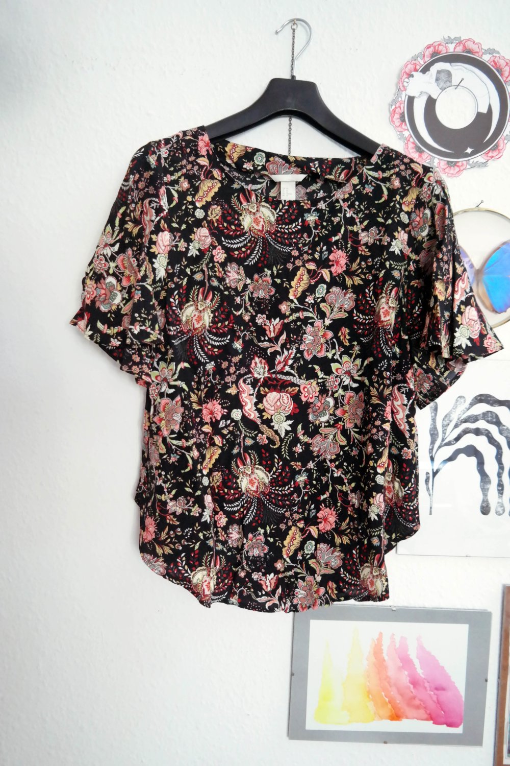H&M Bluse Kurzarm Floral bunt schwarz Paisley Flügelärmel 40 L