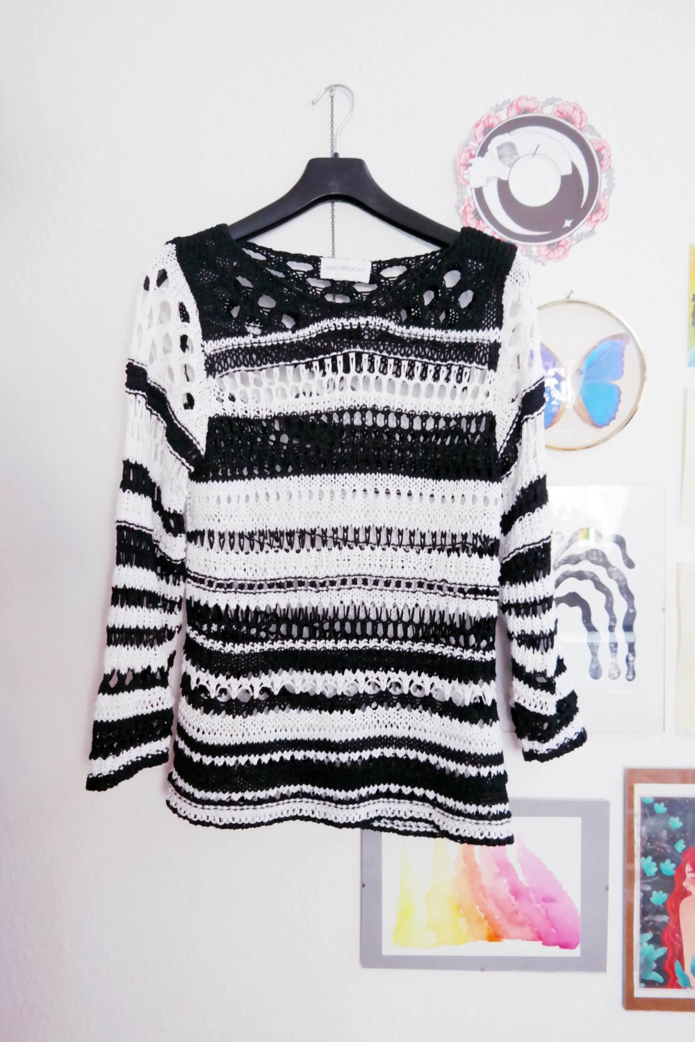 Amy Vermont Pullover Häkelpullover schwarz weiß Sommerpullover L 40