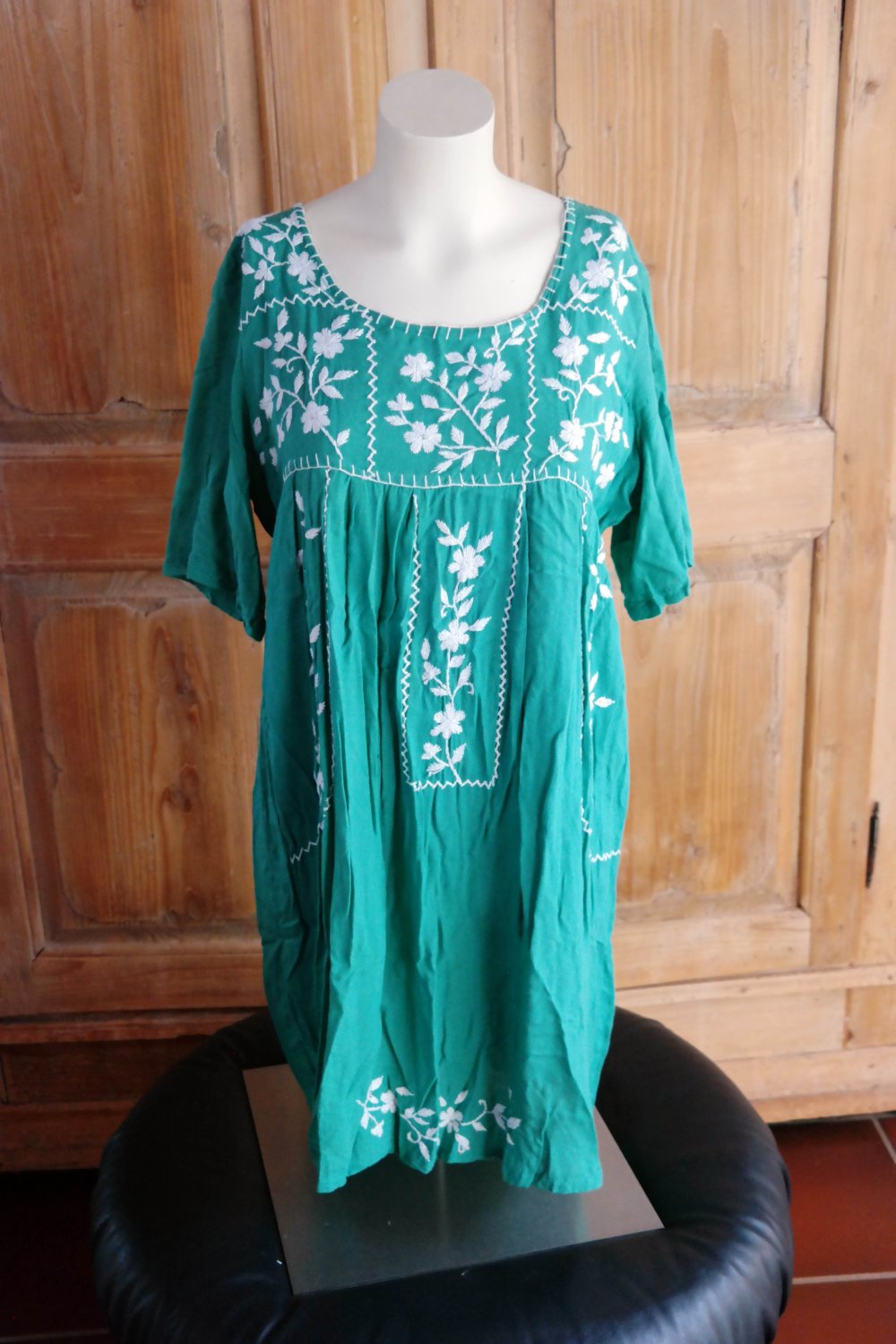Minikleid Tunika grün Stickerei bestickt Ethno Boho Folklore XL 42