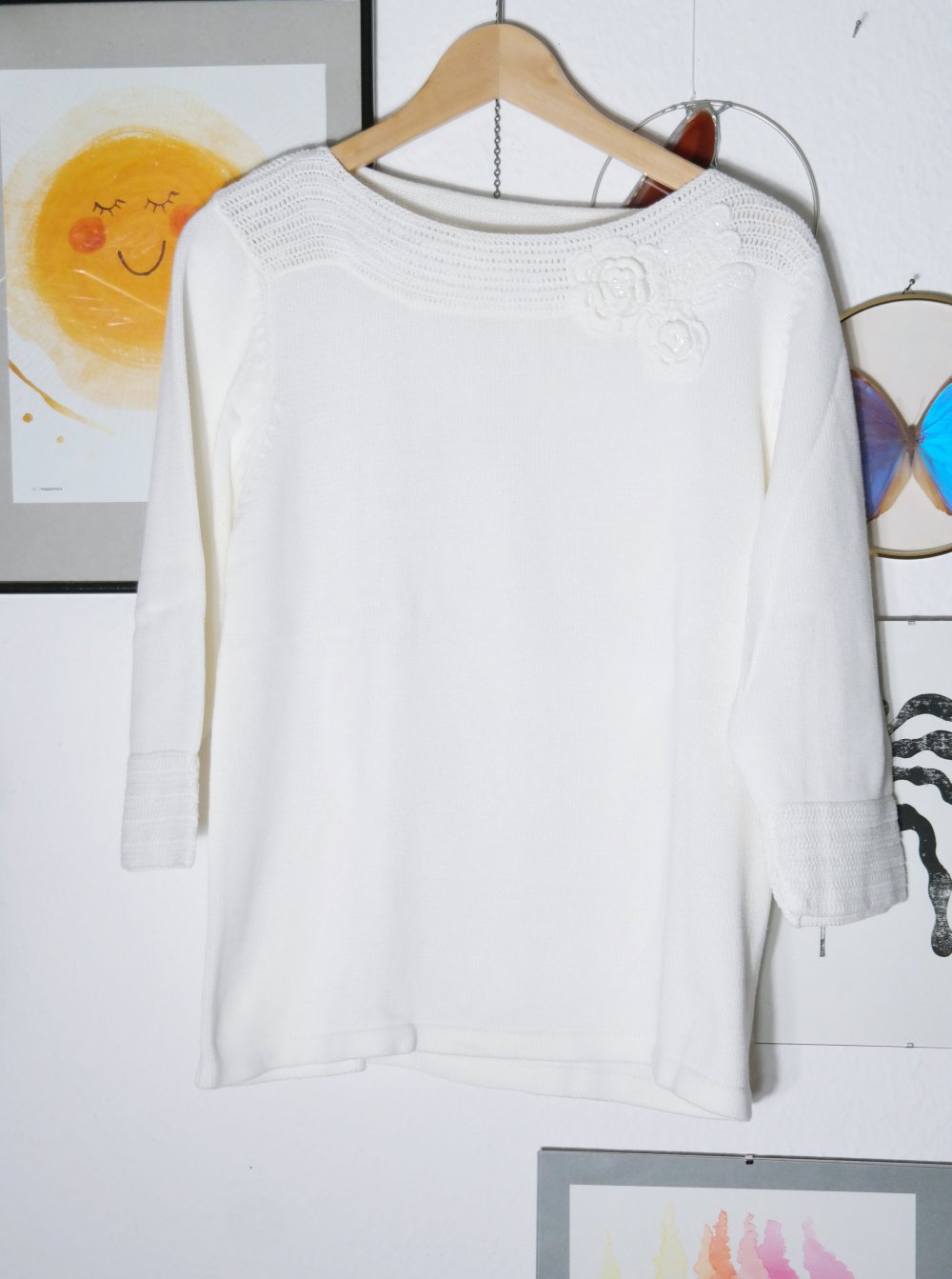 Strickpullover Applikation Blume Pullover weiß U-Boot Ausschnitt 44 XXL