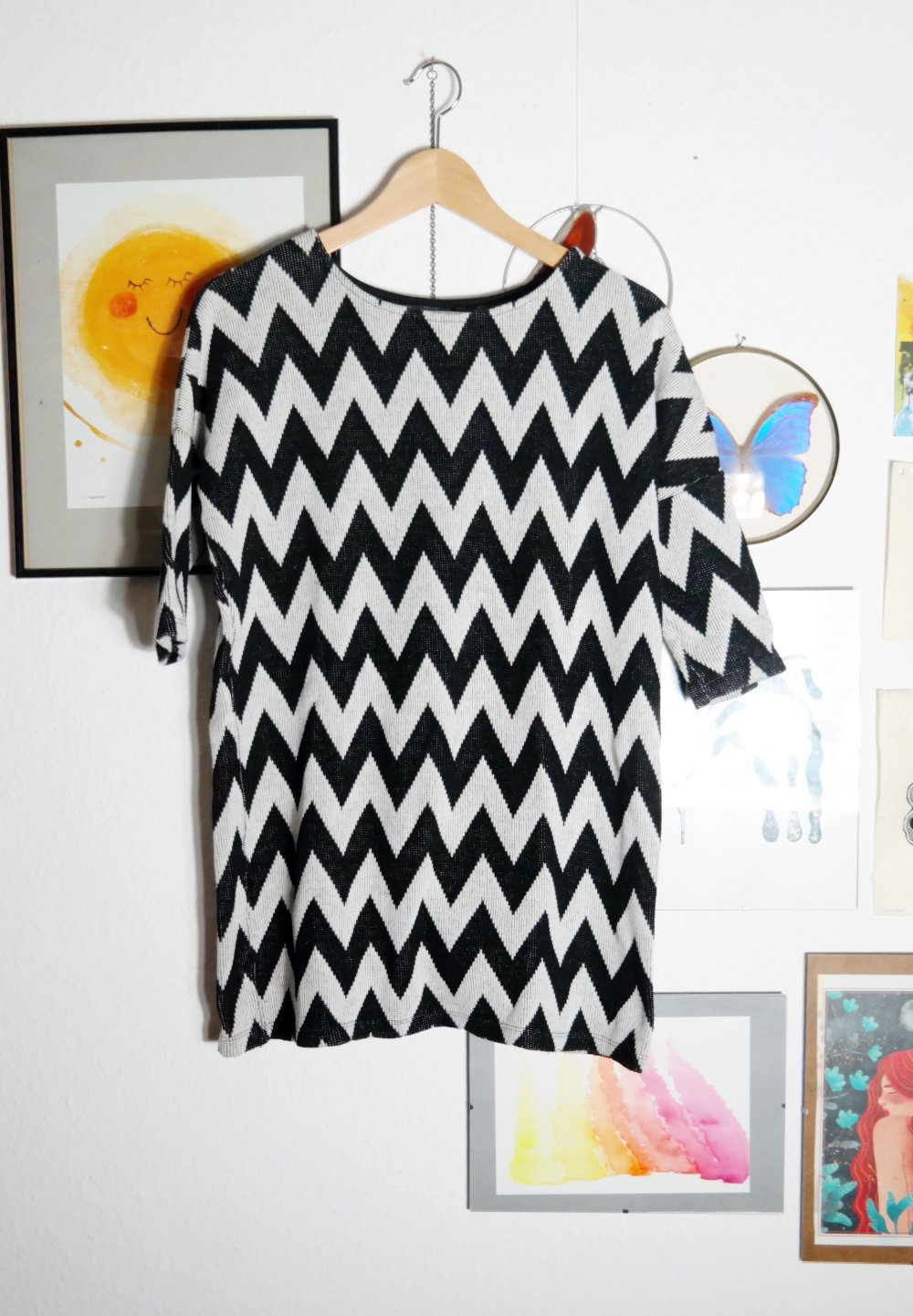 Longshirt schwarz weiß ZickZack Muster gemustert Tshirt L XL 40 42 Strickshirt