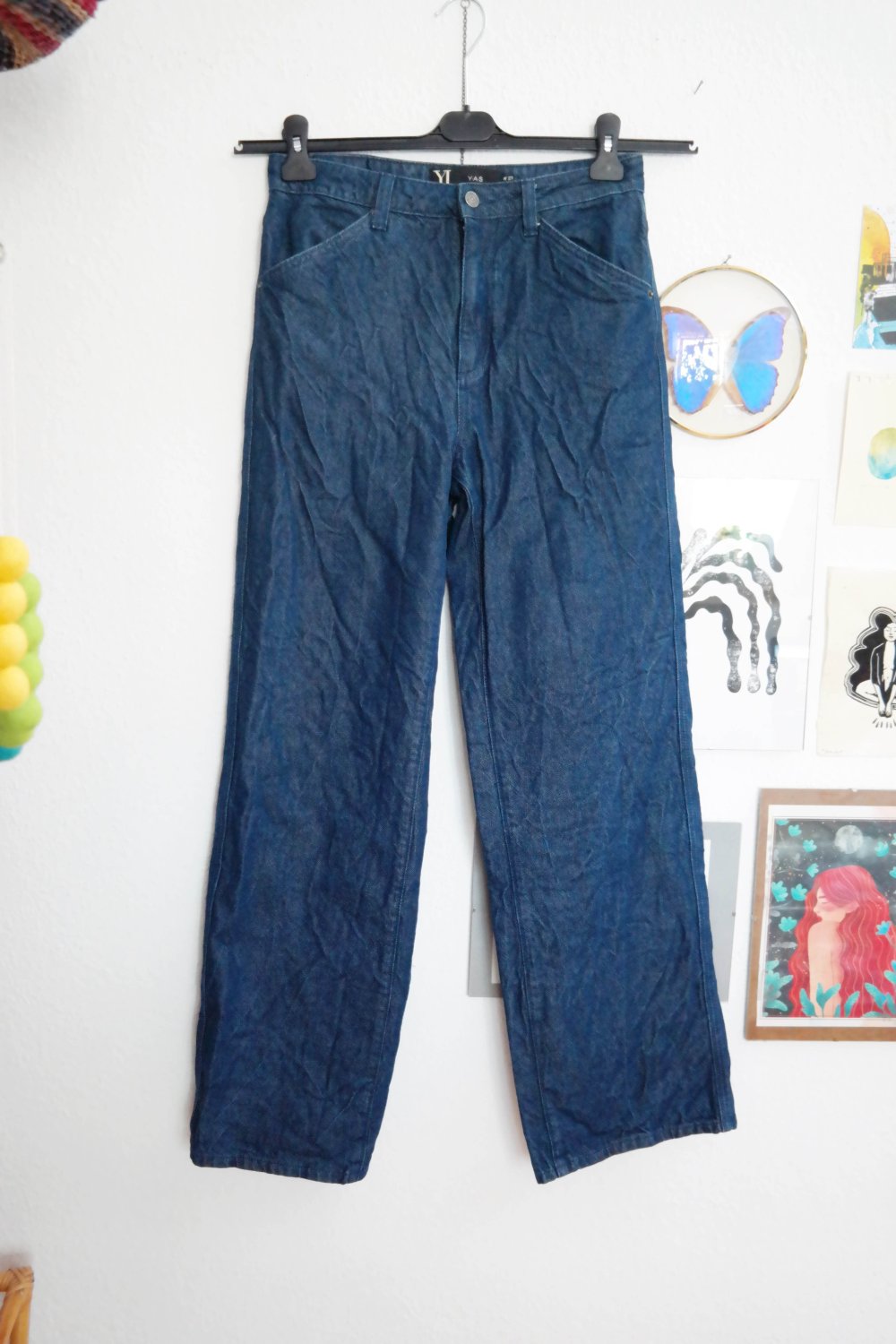 YJ YAS Jeans Hose Jeanshose Y A S M 38 wide Leg High Waist dunkelblau inch 29