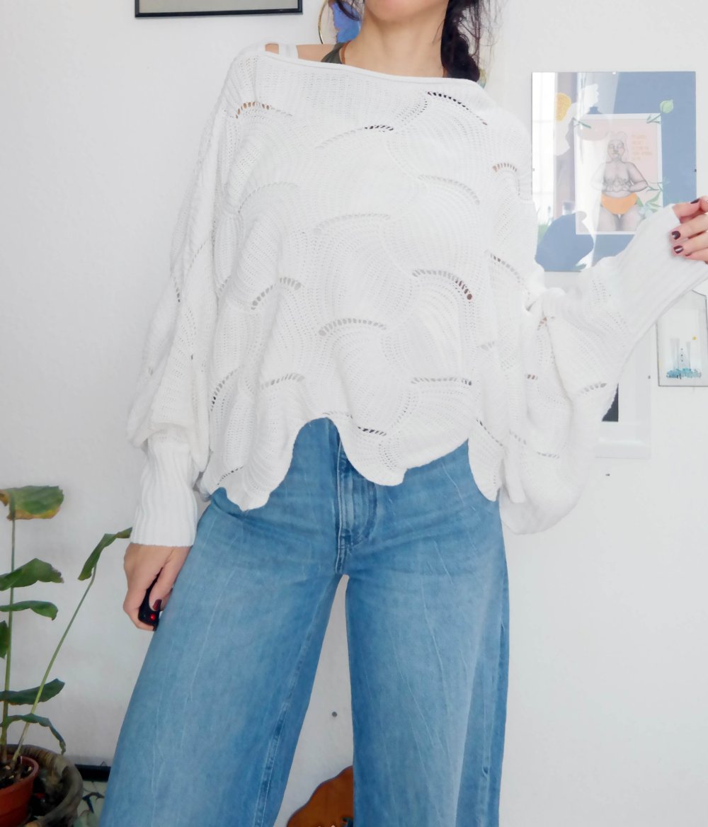 Oversized Pullover Strickpullover weiß Muster Lochmuster unisize M L XL 