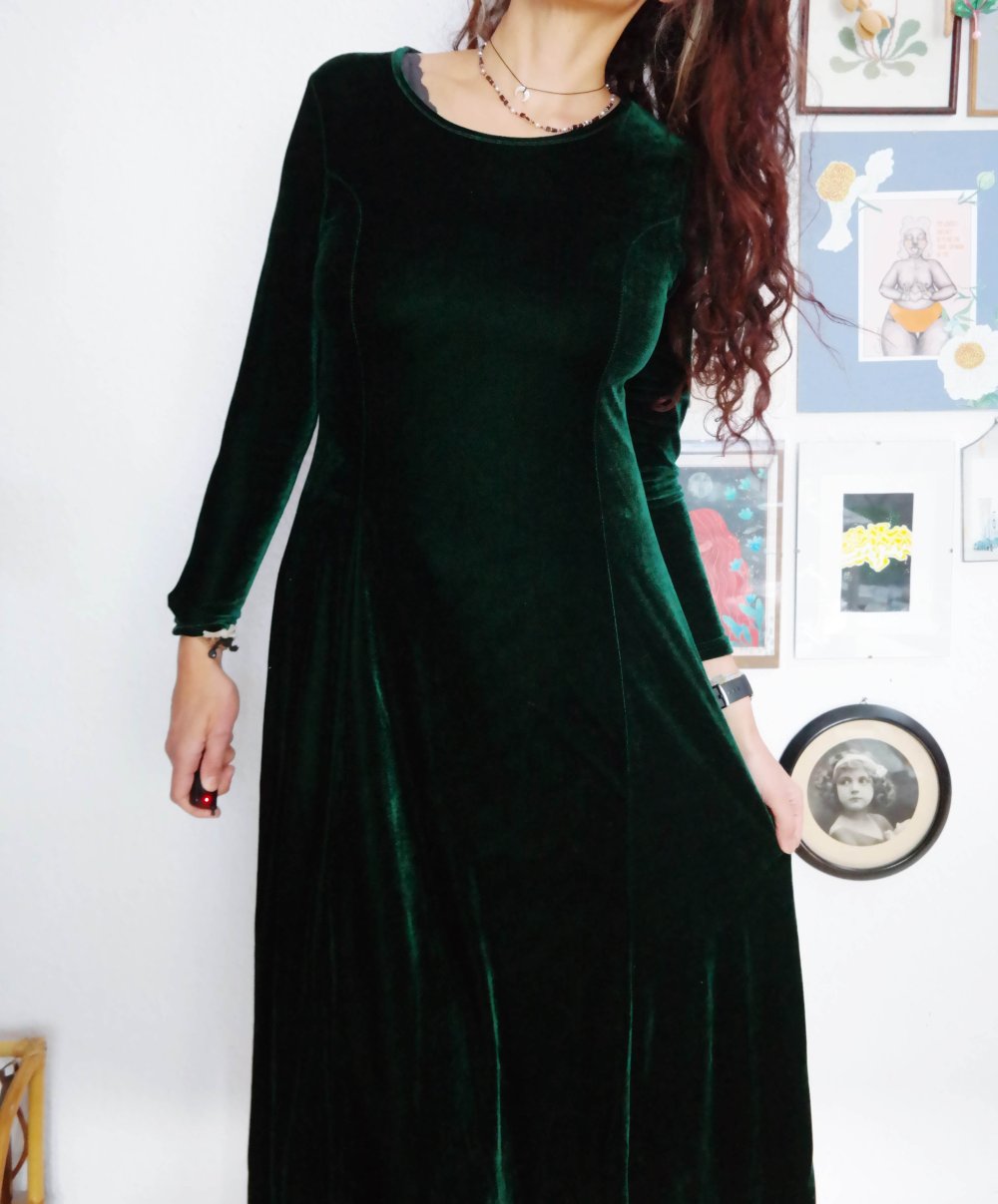 Samtkleid dunkelgrün schimmernd weich Maxikleid Langarm M / 38 grün Hippie Elfe wald 