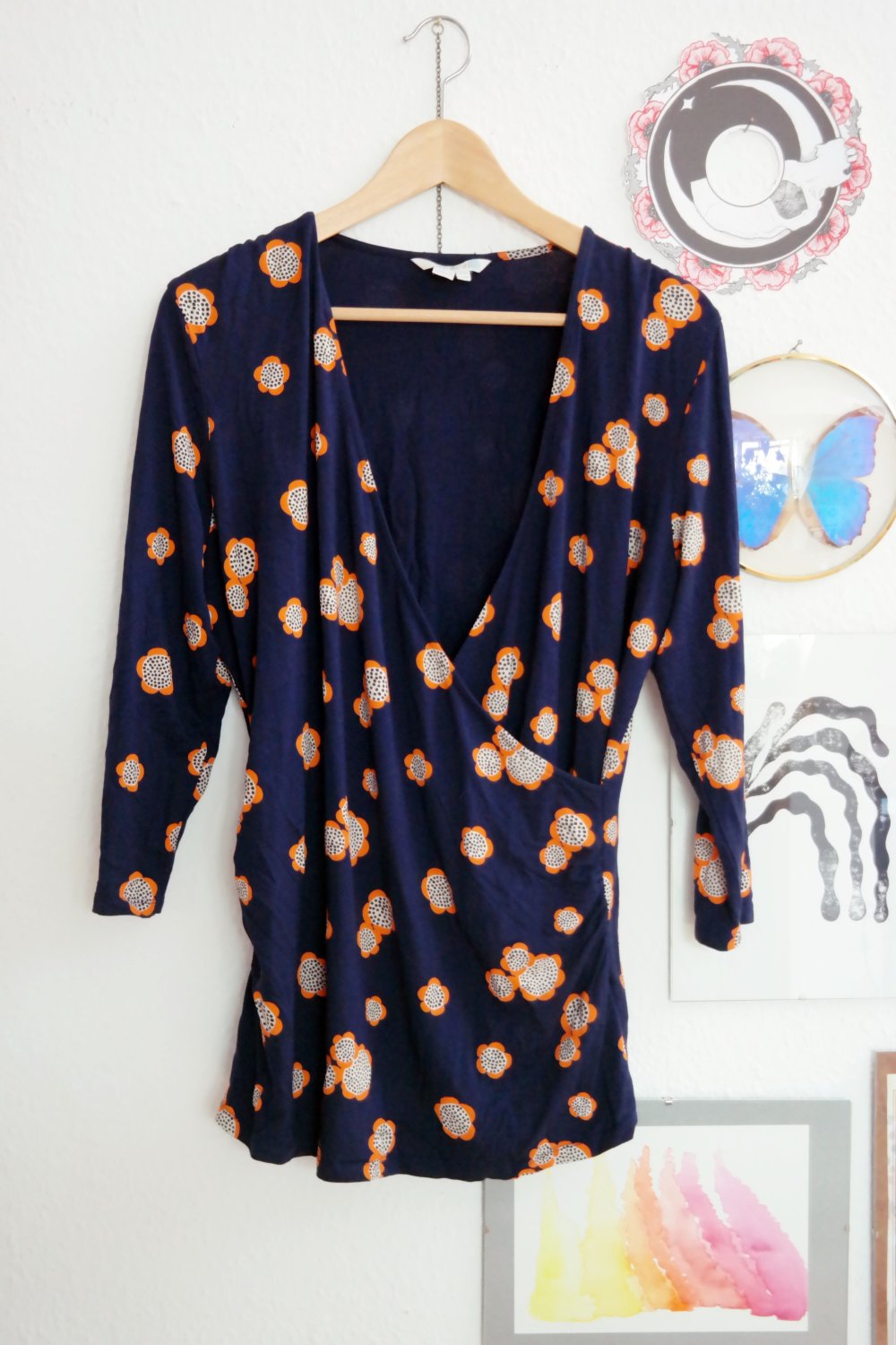 Boden WIckelshirt bunt Blumen Hippie Muster Marimekko Style dunkelblau schwarz XL 42