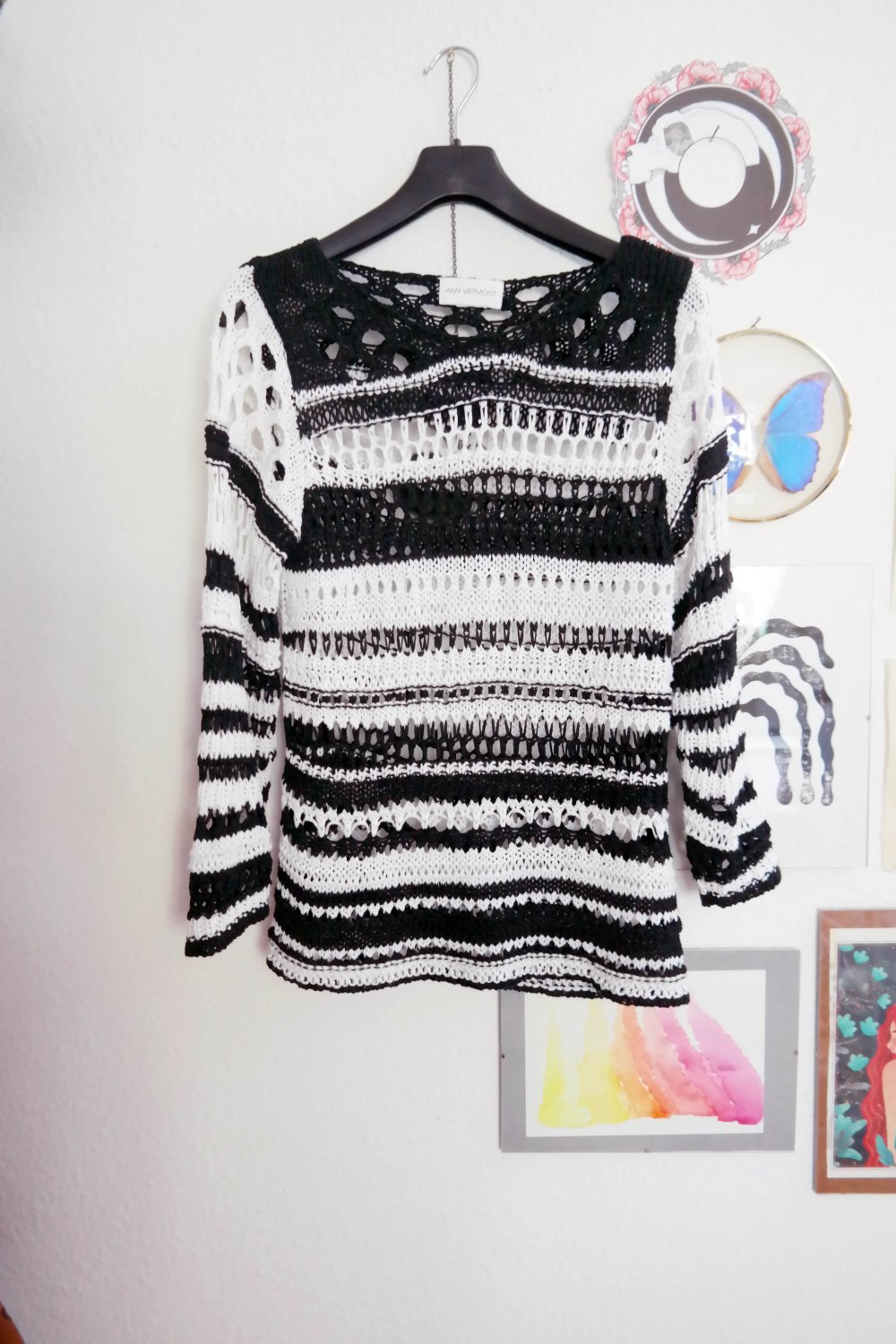 Amy Vermont Pullover Häkelpullover schwarz weiß Sommerpullover L 40