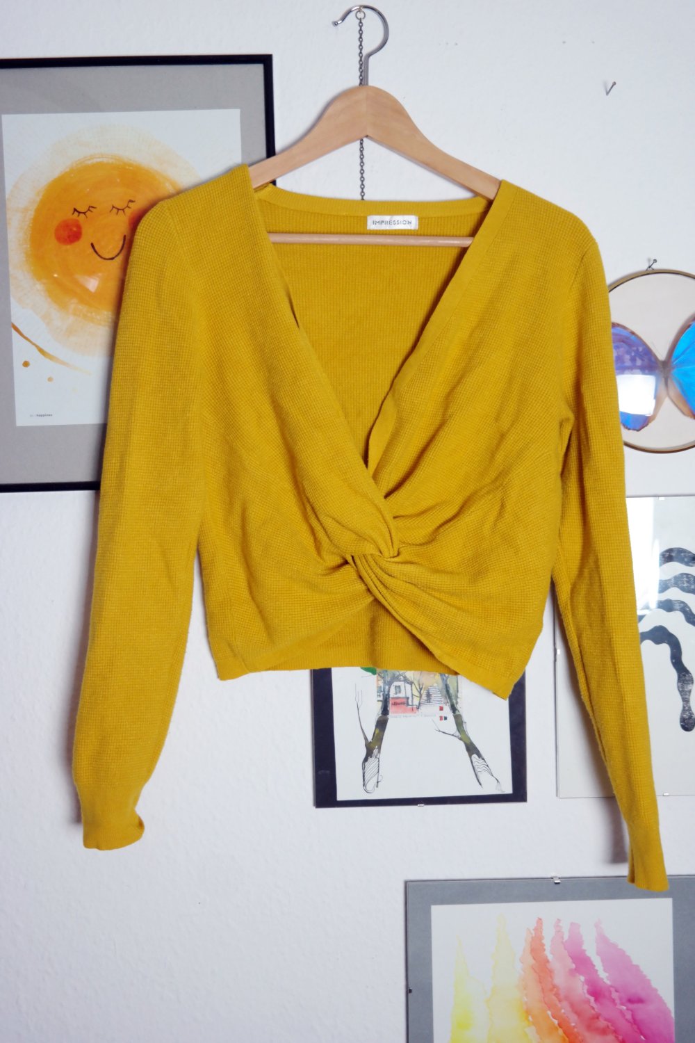 Kurzpullover Wickeloptik Cropped gelb Langarm Pullover Waffelstruktur M 38
