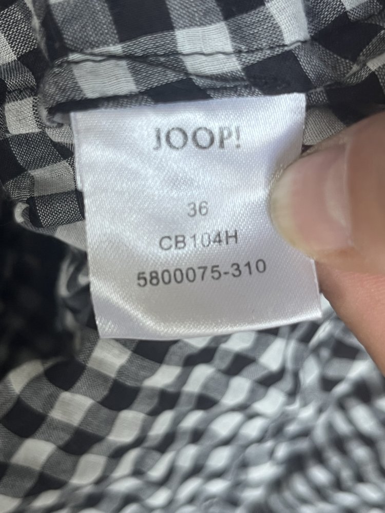 Joop Bluse Gr.S kragenlos kariert schwarz weiß luftig und lässiger Schnitt mit Rückenfalte