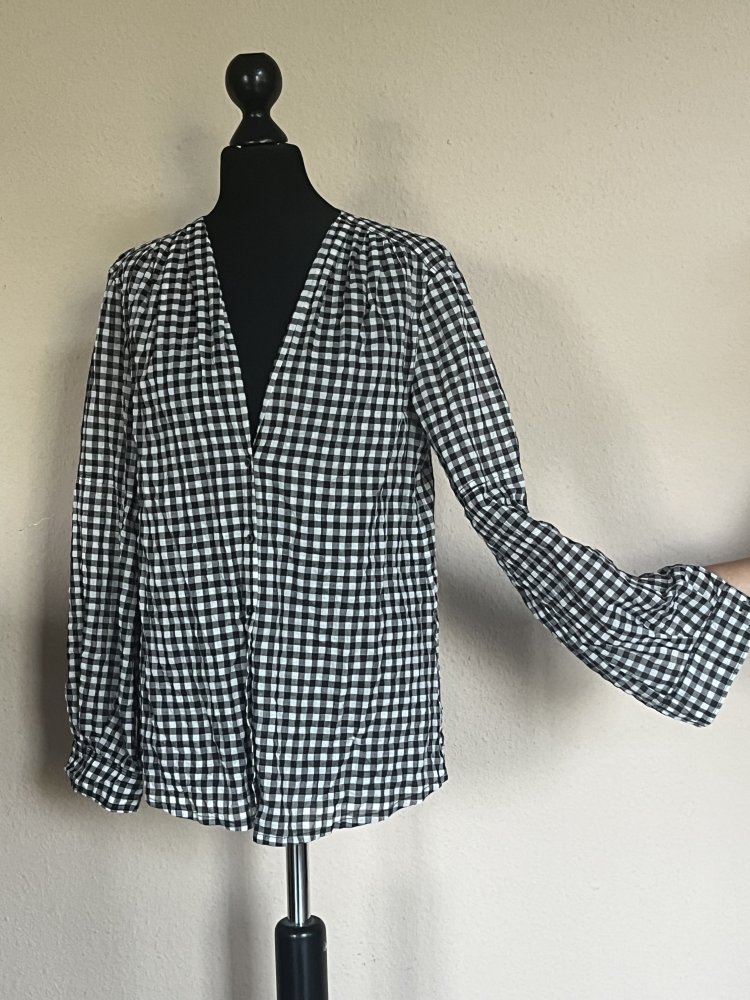 Joop Bluse Gr.S kragenlos kariert schwarz weiß luftig und lässiger Schnitt mit Rückenfalte