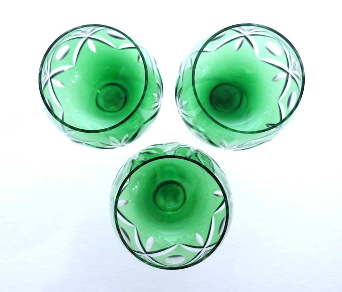 3x Weinrömer, Bleikristall, bunter Überfang, grün, retro, DDR