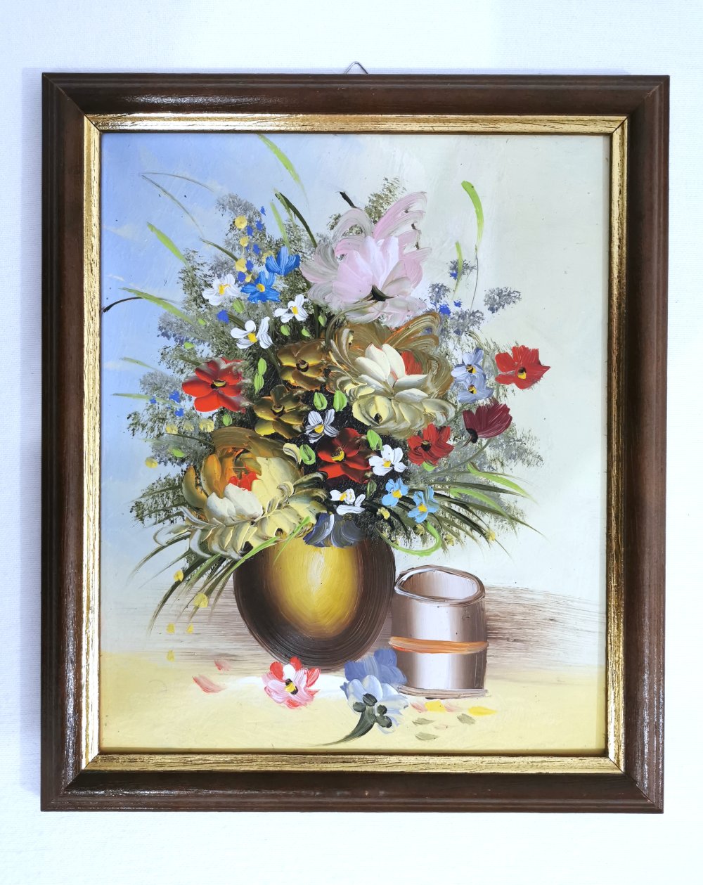 2 Gemälde | Stillleben Blumenvase | Landschaft mit Holzrahmen