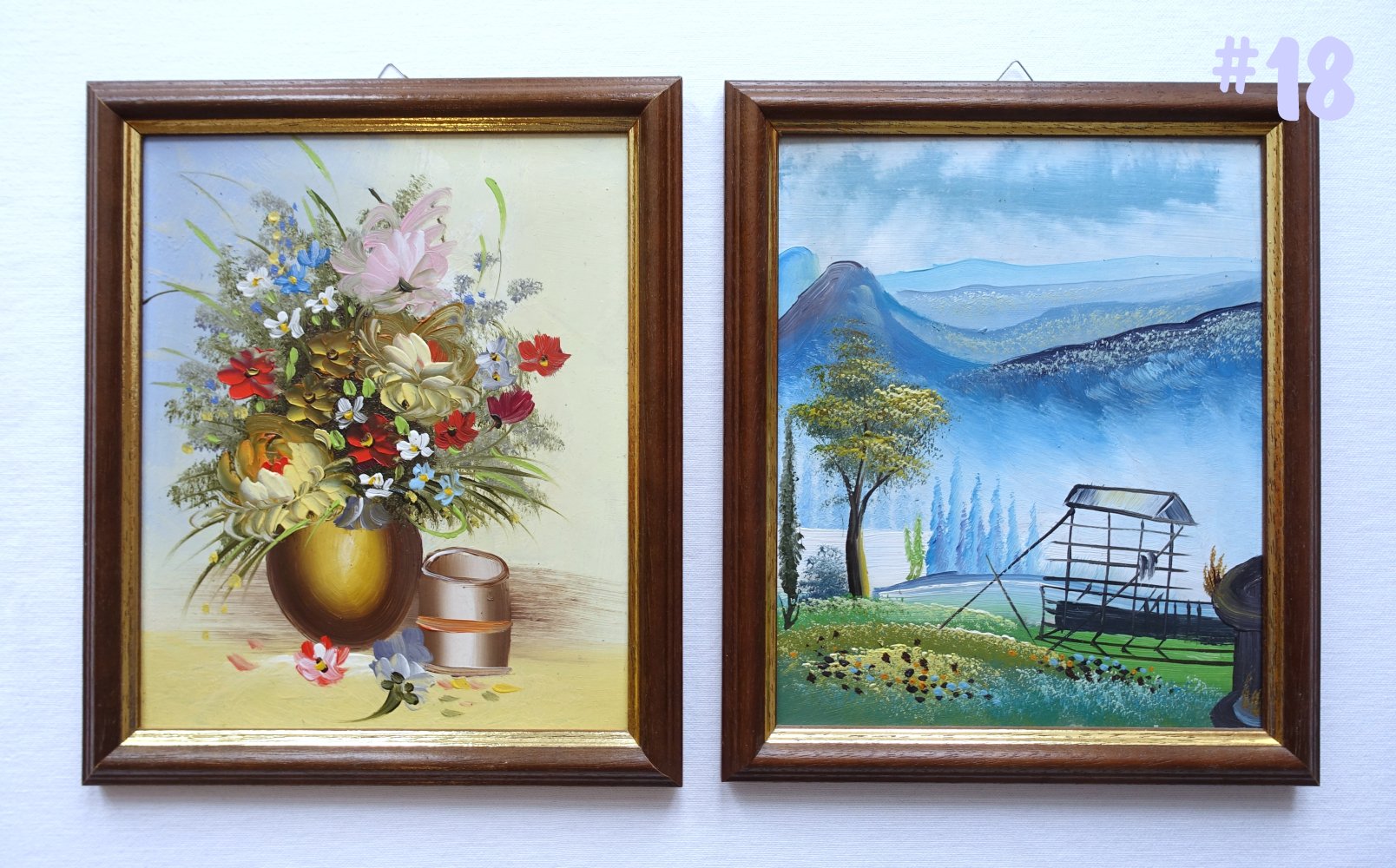 2 Gemälde | Stillleben Blumenvase | Landschaft mit Holzrahmen