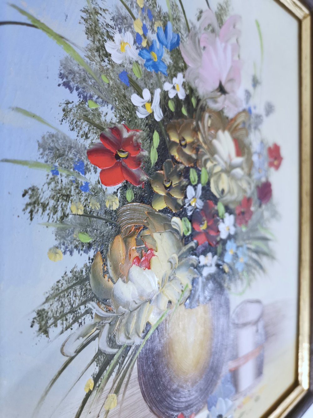 2 Gemälde | Stillleben Blumenvase | Landschaft mit Holzrahmen