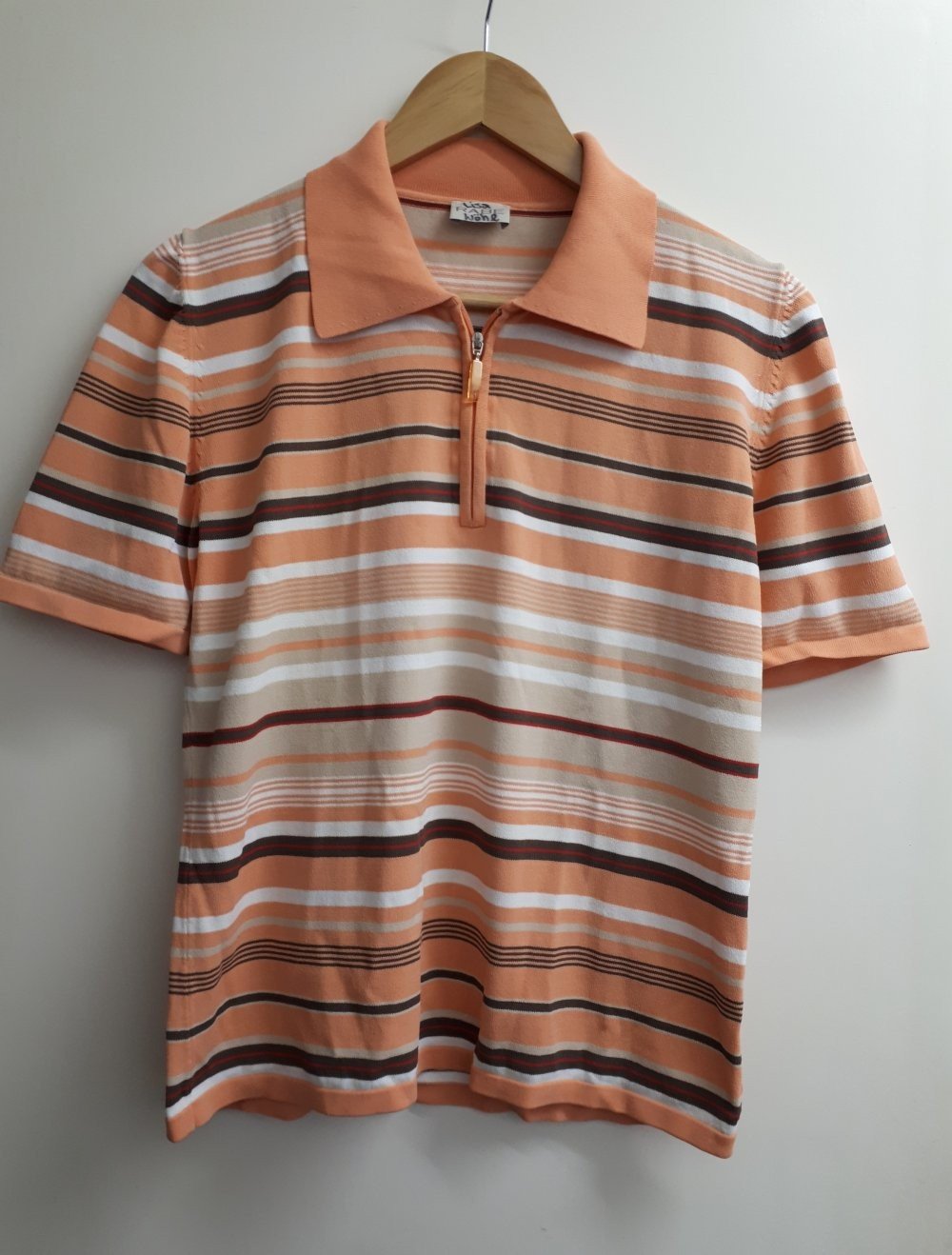 Retroshirt 70er Jahre Größe 38 S M orange weiß schwarz gestreift Viskose Polyamid Poloshirt T-Shirt Shirt Vintageshirt