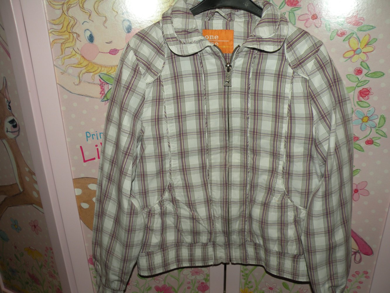 Mädchen Frühling Sommer Jacke Übergangsjacke Charles Vögele Weiß Lila Oliv kariert Gr. 134 140