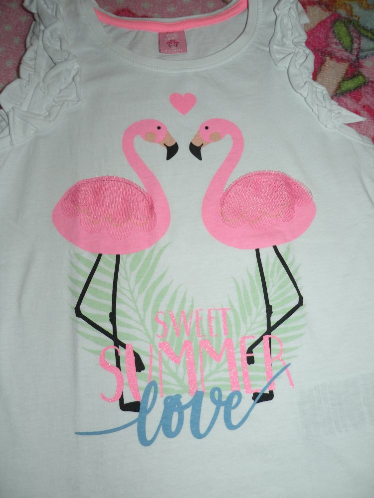Mädchen Sommer Hängerchen Tunika Top Gr 122 Neu ungetragen Weiß Pink Flamingo Tüll Rüschen