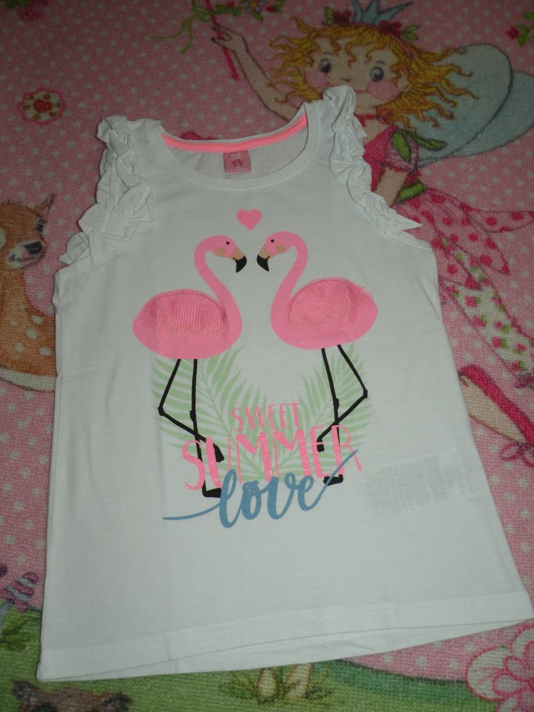 Mädchen Sommer Hängerchen Tunika Top Gr 122 Neu ungetragen Weiß Pink Flamingo Tüll Rüschen
