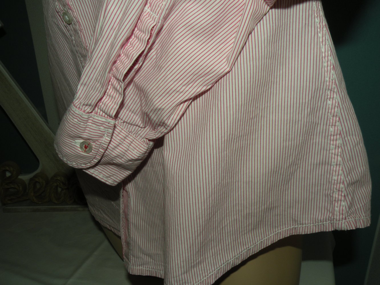 Damen Mädchen Langarm Bluse Tunika H&M Logg Gr L 40 Weiß Pink gestreift top