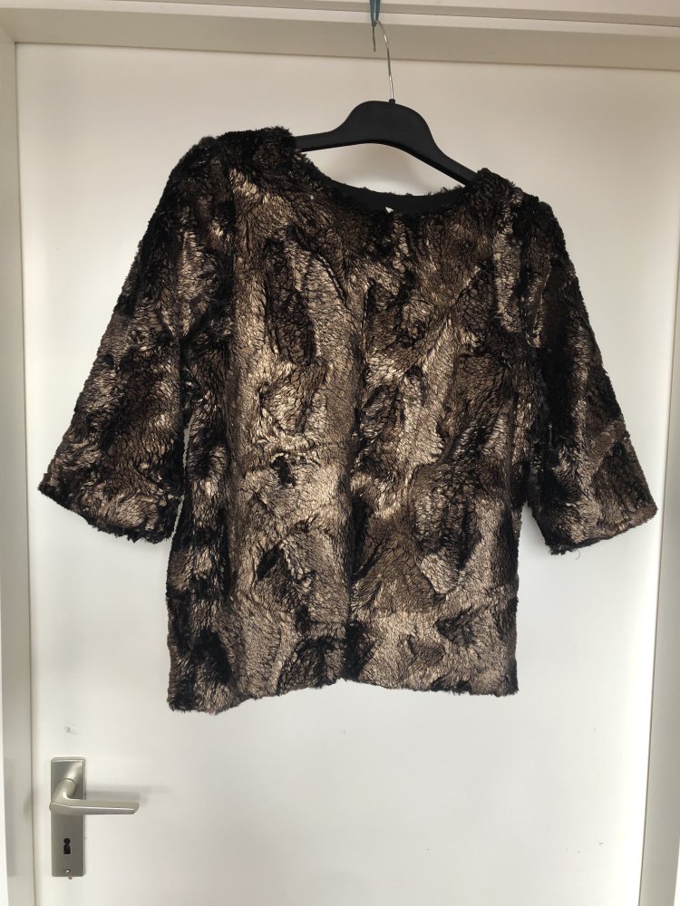 Extravaganter fell Plüsch Pullover schwarz-bronze-gold, Gr. 38, seltenes Designerstück