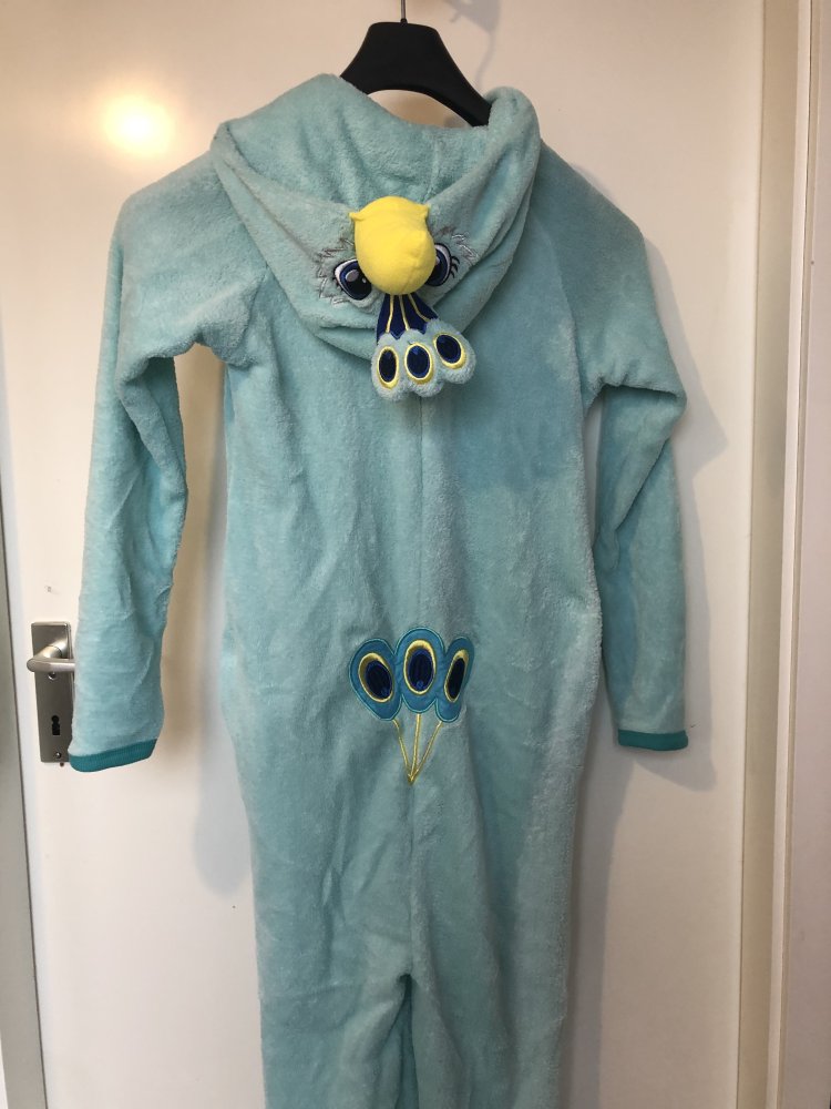 onesie peacock, kuscheliger Einteiler Pfau, Plüsch Anzug, hellblau türkis Gr. S, Schlafanzug