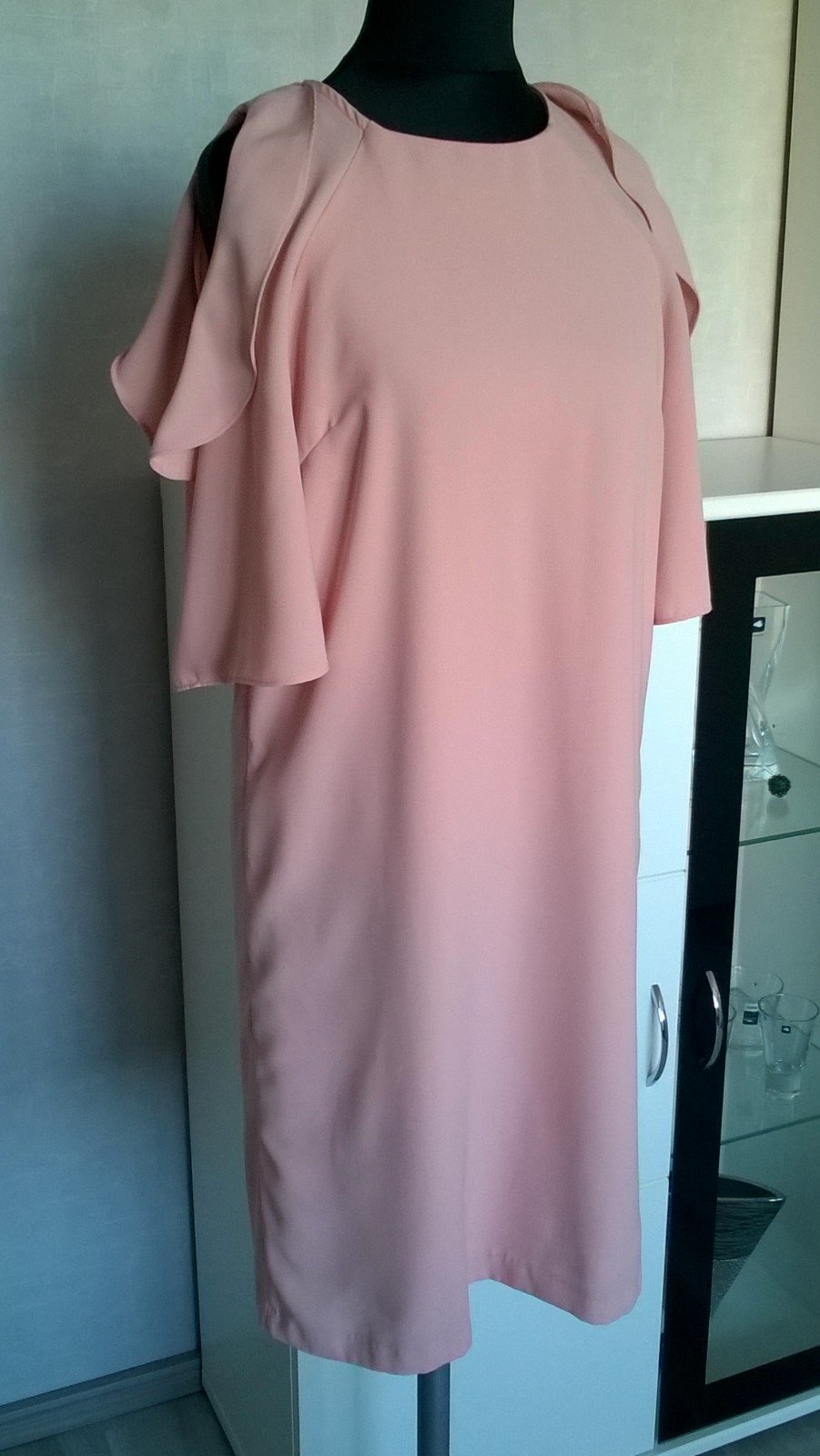 Kleid Chiffonkleid Midikleid Kurzarm mit Volants schulterfrei altrosa Gr. 36 Promod