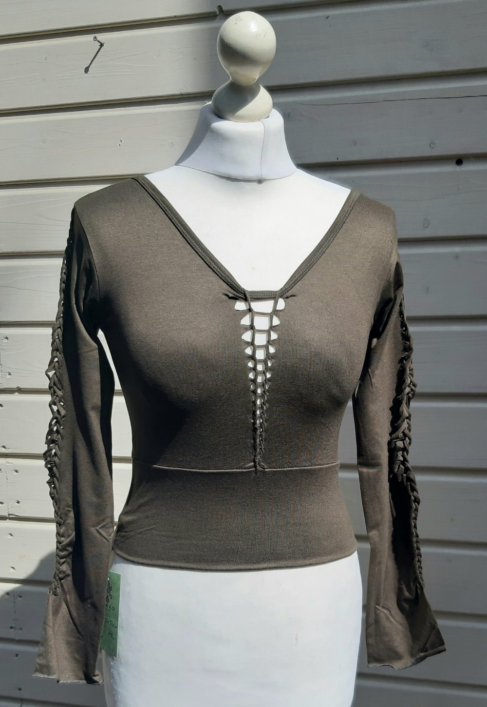 Top croptop bauchfrei Festival cutout braided oliv shirt goashirt