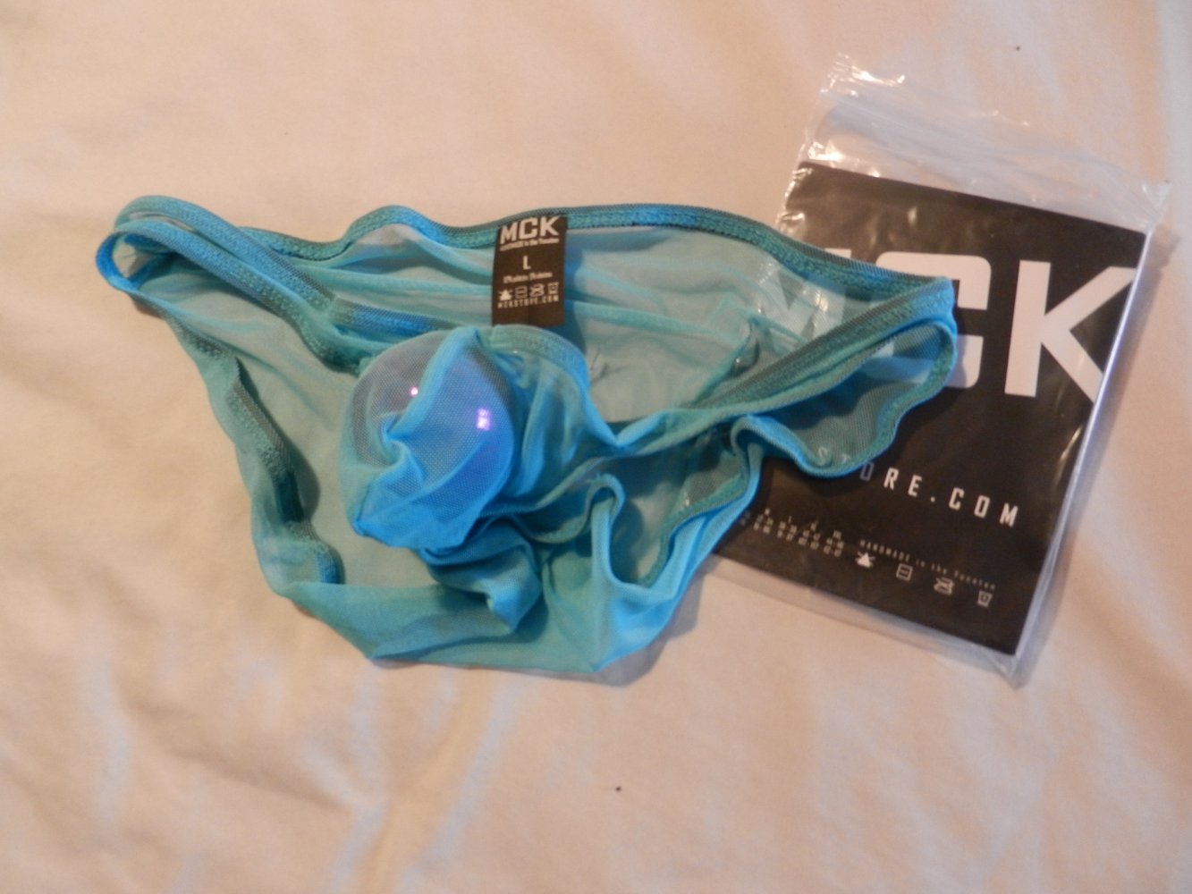 Mc Killop feiner Netzslip, Baby Blue, L Waist 91-97 cm transparent, mit Bulge, sportlich tiefhueftig und sexy 