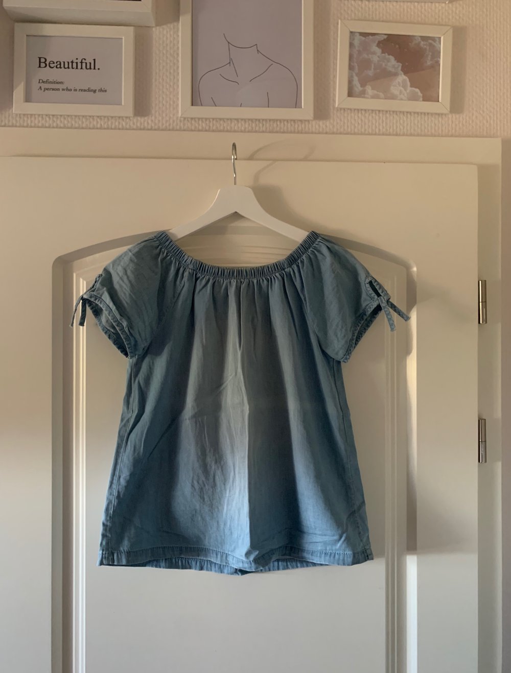 Blaue off-shoulder Bluse; s.Oliver XS, Vintage T-Shirt