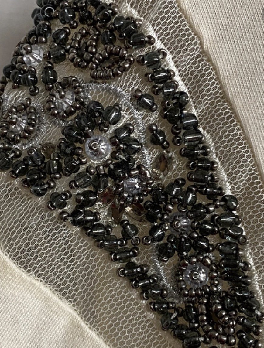 Creme Weißes Crop Top Longsleeve mit Mesh Perlen Details