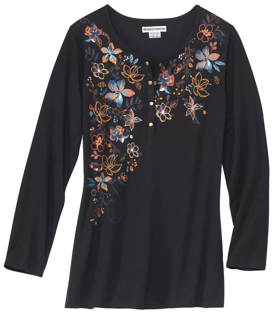 Damen Tunika Langarmshirt schwarz Blumen-Dekor Knopfleiste Gr. 48 50 52 XXL