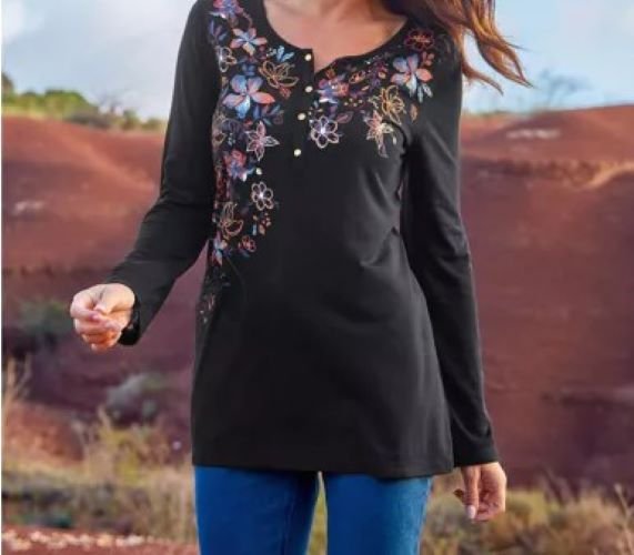 Damen Tunika Langarmshirt schwarz Blumen-Dekor Knopfleiste Gr. 48 50 52 XXL