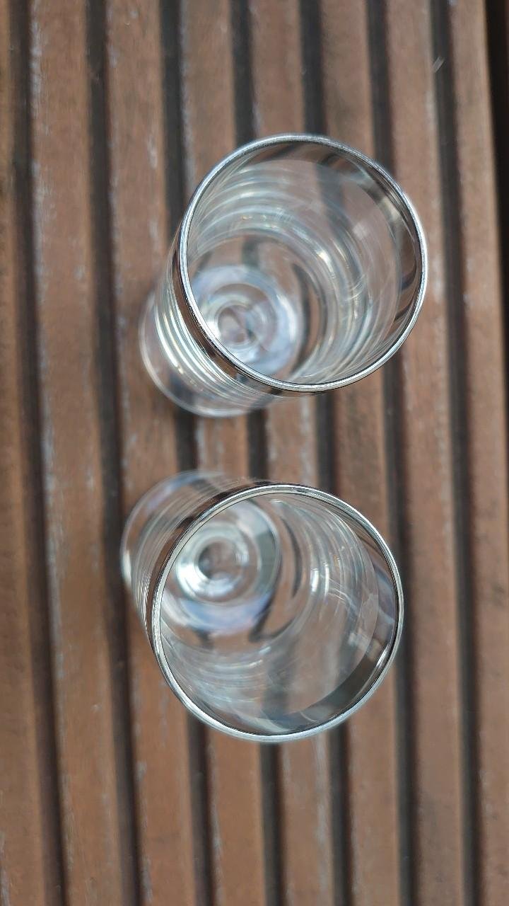Glas Gläser Likörglas 2 Stück 70er / 80er Jahre original Vintage silberner Rand 