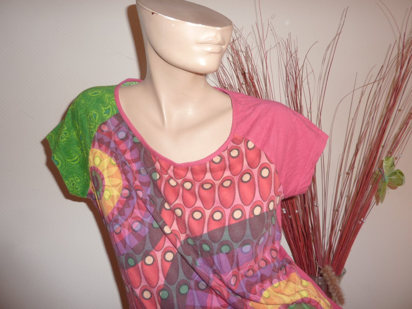 Damen T Shirt Longshirt Desigual L XL 42 Baumwolle pink grün