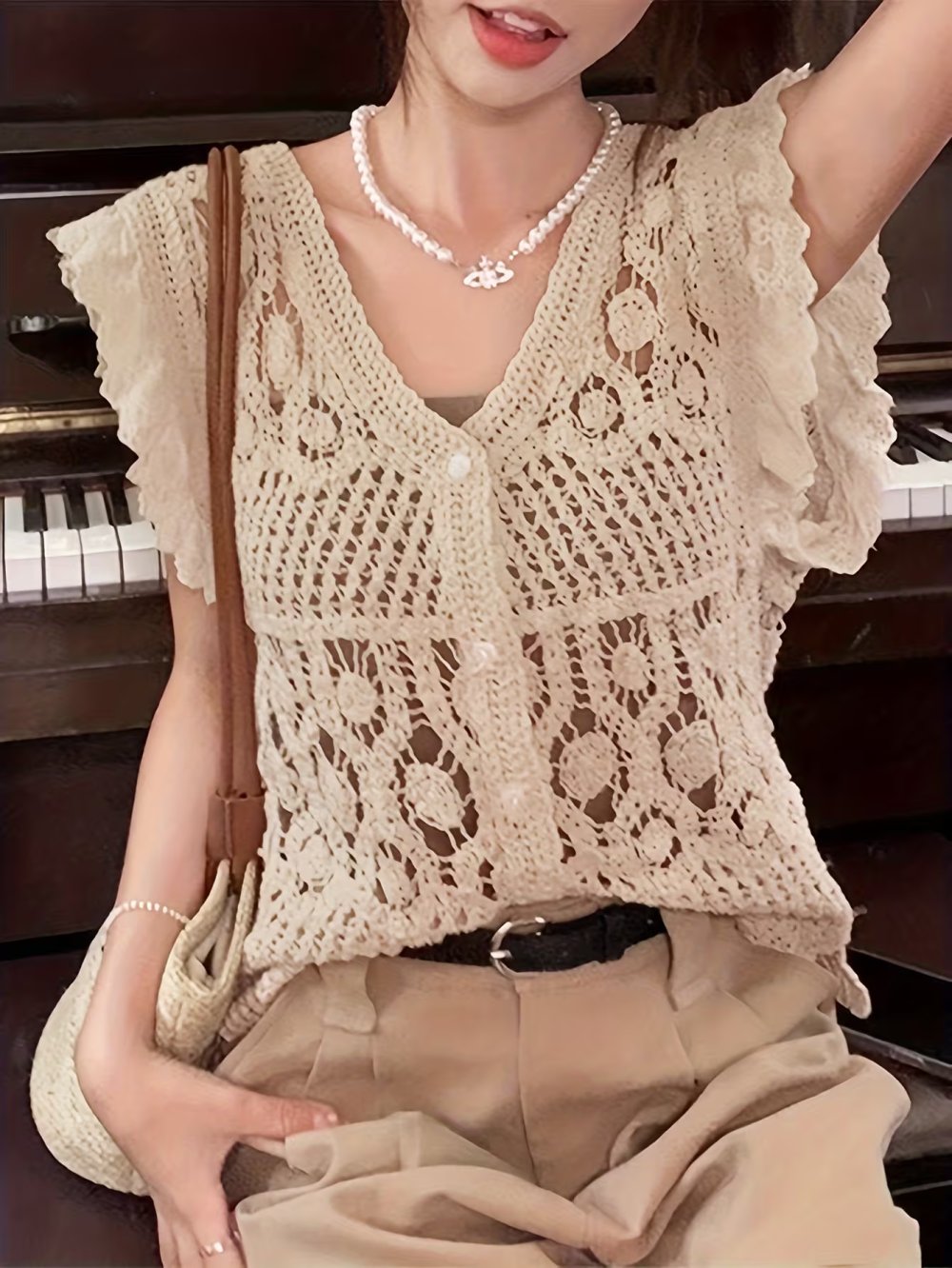 Weste XL beige NEU gehäkelt Oberteil Pullunder Strickweste Strickjacke Cardigan ärmellos