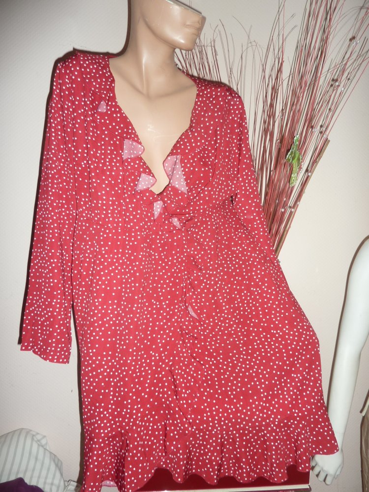 Kleid Sommerkleid rot Wickeloptik XL 42 44 langarm Kofferkleid Coctailklkleid Polka Dots Punkte gepunktet